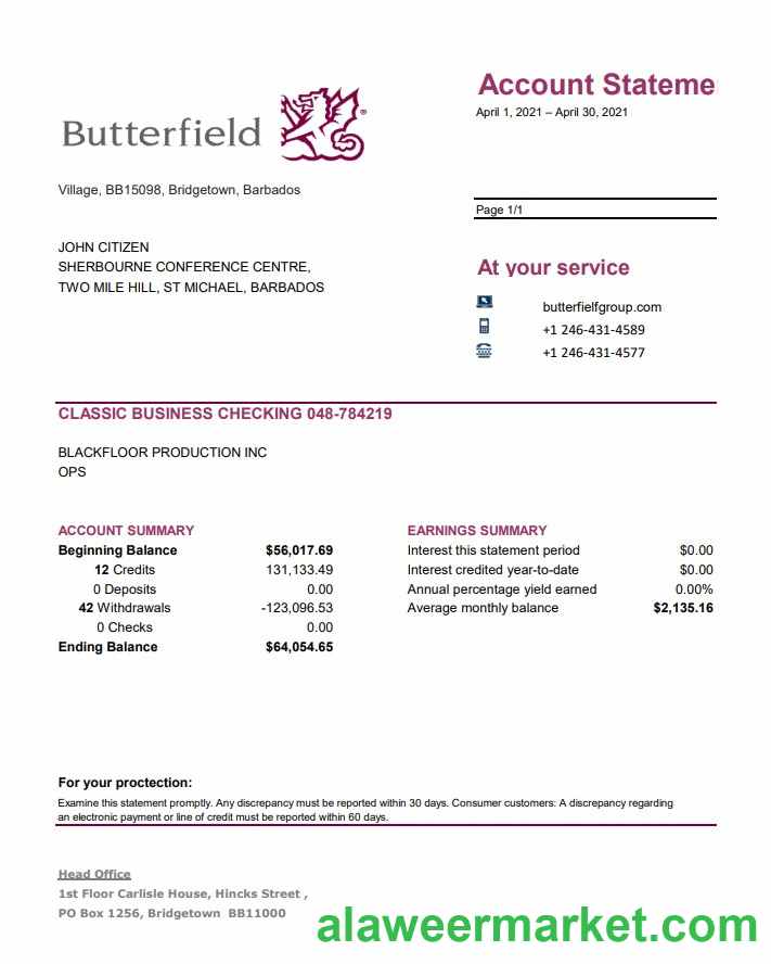 Barbados Butterfield bank statement easy to fill template in .xls and .pdf file format